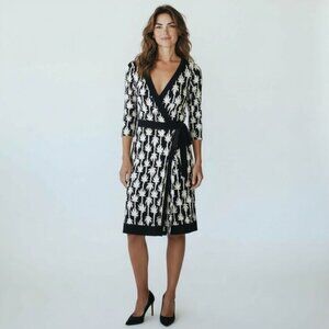 Diane von Furstenberg Silk Jersey Taurus Wrap Dress Black & Ivory Palm Print 6